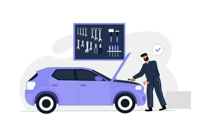 Automobile Concept Mechanic Servicing Bonnet 2D Character Illustration image